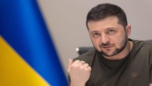 Ukraine's President Zelenskiy attends an interview with some of the Russian media via videolink in Kyiv